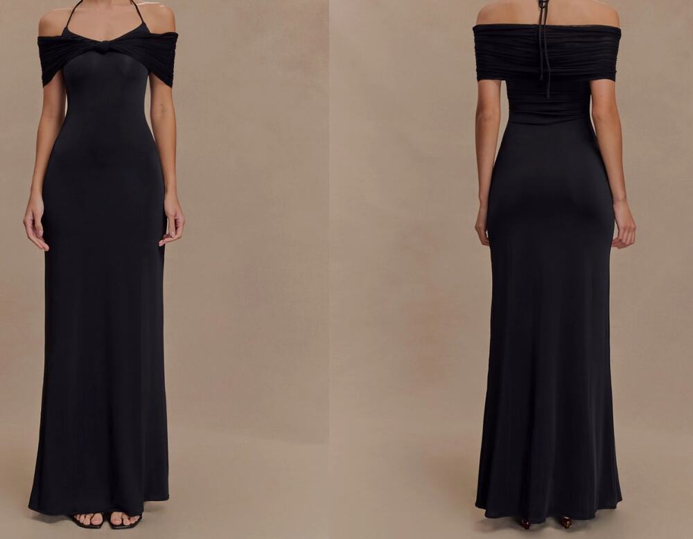 NWT Meshki Bernadina Black Mesh Slinky Halter Maxi Dress Size S